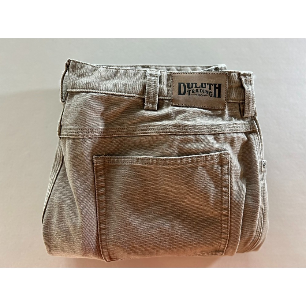 Duluth Trading Co Mens 38x32 Fits 36x30 Khaki Canvas Work Pants 86125B 100% Cott